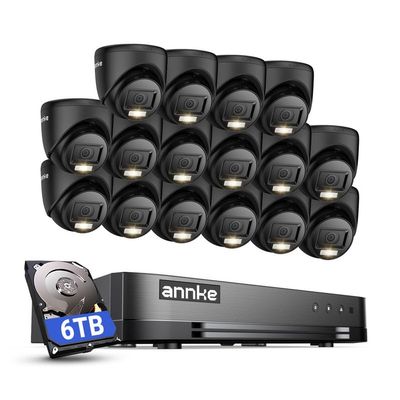ANNKE 2MP Security Camera System, 16CH 2MP Lite DVR Recorder with AI Motion Detection, 16x 1080P (19201080) Add-on Wired Turret Black Cams with Smart Dual Light, IP67, 3.6mm Lens, 6TB Hard Drive