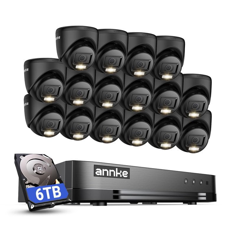 ANNKE 2MP Security Camera System, 16CH 2MP Lite DVR Recorder with AI Motion Detection, 16x 1080P (19201080) Add-on Wired Turret Black Cams with Smart Dual Light, IP67, 3.6mm Lens, 6TB Hard Drive