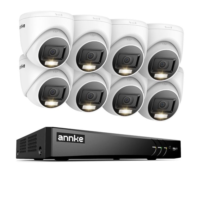 ANNKE 2MP Security Camera System, 8CH 4K DVR Recorder with AI Motion Detection, 8X 1080P (19201080) Add-on Wired Turret White Cams with Smart Dual Light, IP67, No Hard Drive