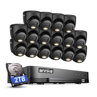ANNKE 2MP Security Camera System, 16CH 2MP Lite DVR Recorder with AI Motion Detection, 16x 1080P (19201080) Add-on Wired Turret Black Cams with Smart Dual Light, IP67, 3.6mm Lens, 2TB Hard Drive