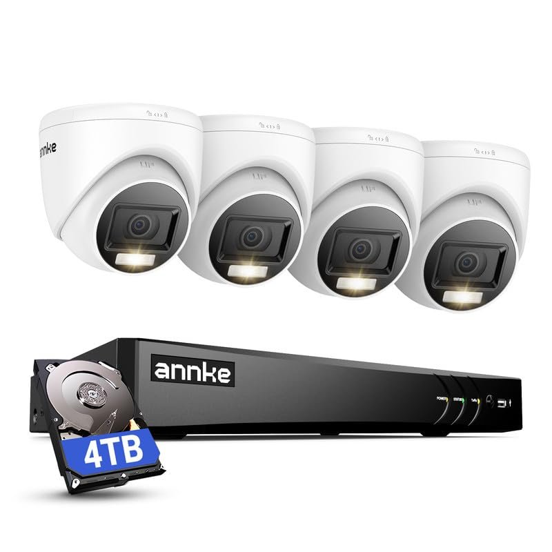 ANNKE 2MP Security Camera System, 8CH 4K DVR Recorder with AI Motion Detection, 4X 1080P (19201080) Add-on Wired Turret White Cams with Smart Dual Light, IP67, Compatible with Alexa, 4TB Hard Drive
