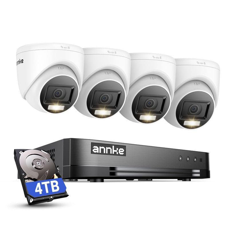 ANNKE 2MP Security Camera System, 16CH 2MP Lite DVR Recorder with AI Motion Detection, 4X 1080P (19201080) Add-on Wired Turret White Cams with Smart Dual Light, IP67, 3.6mm Lens, 4TB Hard Drive