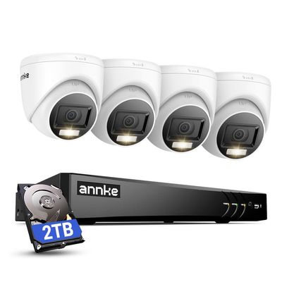 ANNKE 2MP Security Camera System, 8CH 4K DVR Recorder with AI Motion Detection, 4X 1080P (19201080) Add-on Wired Turret White Cams with Smart Dual Light, IP67, Compatible with Alexa, 2TB Hard Drive