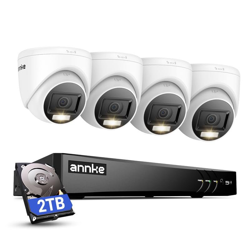 ANNKE 2MP Security Camera System, 8CH 4K DVR Recorder with AI Motion Detection, 4X 1080P (19201080) Add-on Wired Turret White Cams with Smart Dual Light, IP67, Compatible with Alexa, 2TB Hard Drive