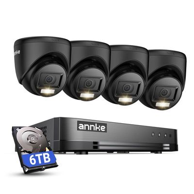 ANNKE 2MP Security Camera System, 16CH 2MP Lite DVR Recorder with AI Motion Detection, 4X 1080P (19201080) Add-on Wired Turret Black Cams with Smart Dual Light, IP67, 3.6mm Lens, 6TB Hard Drive