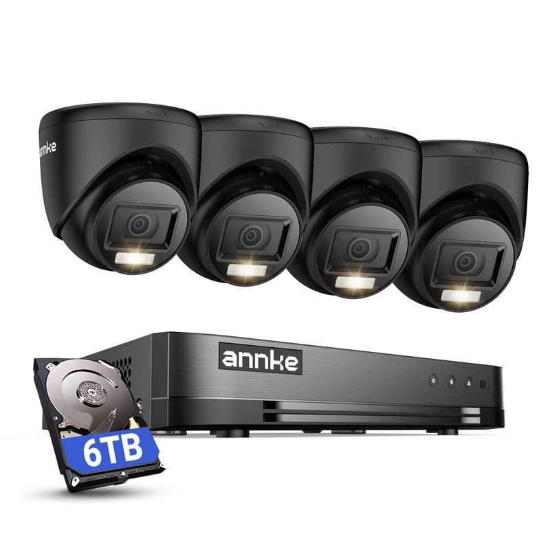 ANNKE 2MP Security Camera System, 16CH 2MP Lite DVR Recorder with AI Motion Detection, 4X 1080P (19201080) Add-on Wired Turret Black Cams with Smart Dual Light, IP67, 3.6mm Lens, 6TB Hard Drive