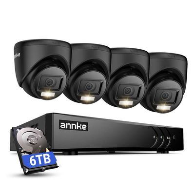 ANNKE 2MP Security Camera System, 8CH 3K Lite DVR Recorder with AI Motion Detection, 4X 1080P (19201080) Add-on Wired Turret Black Cams with Smart Dual Light, IP67, 3.6mm Lens, 6TB Hard Drive Disk