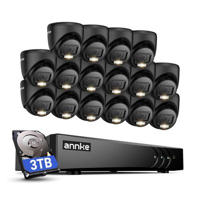 ANNKE 2MP Security Camera System, 16CH 3K Lite DVR Recorder with AI Motion Detection, 16x 1080P (19201080) Add-on Wired Turret Black Cams with Smart Dual Light, IP67, 3.6mm Lens, 3TB Hard Drive