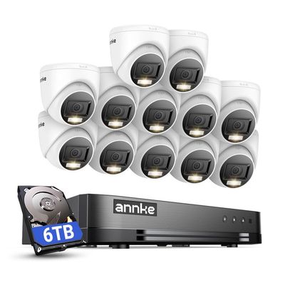 ANNKE 2MP Security Camera System, 16CH 2MP Lite DVR Recorder with AI Motion Detection, 12x 1080P (19201080) Add-on Wired Turret White Cams with Smart Dual Light, IP67, 3.6mm Lens, 6TB Hard Drive