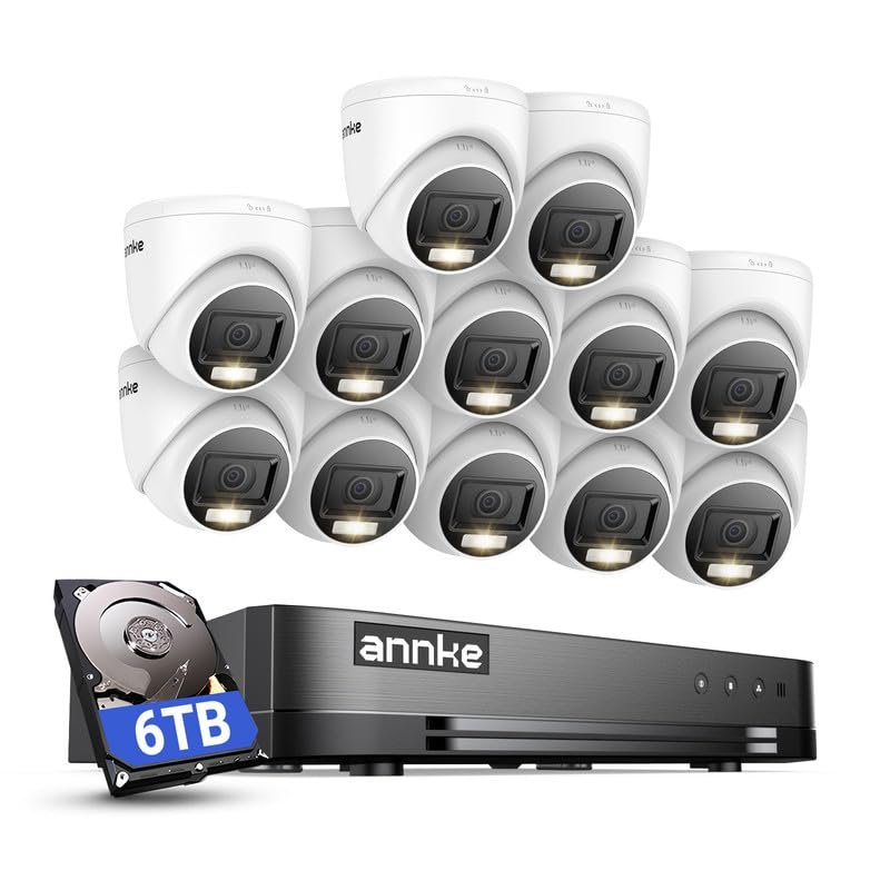 ANNKE 2MP Security Camera System, 16CH 2MP Lite DVR Recorder with AI Motion Detection, 12x 1080P (19201080) Add-on Wired Turret White Cams with Smart Dual Light, IP67, 3.6mm Lens, 6TB Hard Drive
