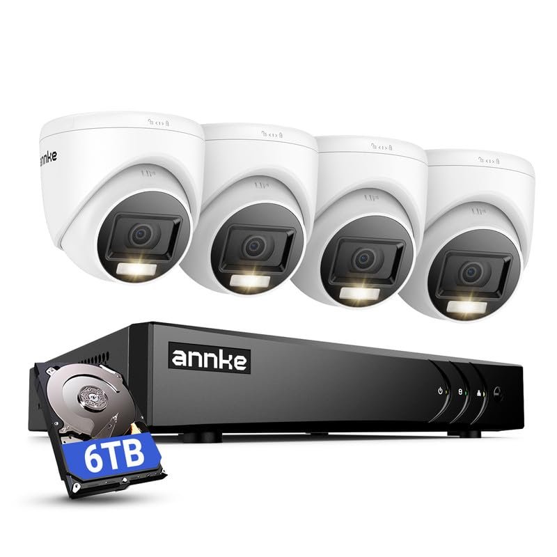 ANNKE 2MP Security Camera System, 16CH 3K Lite DVR Recorder with AI Motion Detection, 4X 1080P (19201080) Add-on Wired Turret White Cams with Smart Dual Light, IP67, 3.6mm Lens, 6TB Hard Drive
