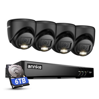 ANNKE 2MP Security Camera System, 8CH 4K DVR Recorder with AI Motion Detection, 4X 1080P (19201080) Add-on Wired Turret Black Cams with Smart Dual Light, IP67, Compatible with Alexa, 6TB Hard Drive