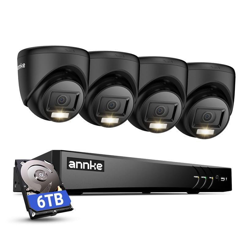 ANNKE 2MP Security Camera System, 8CH 4K DVR Recorder with AI Motion Detection, 4X 1080P (19201080) Add-on Wired Turret Black Cams with Smart Dual Light, IP67, Compatible with Alexa, 6TB Hard Drive