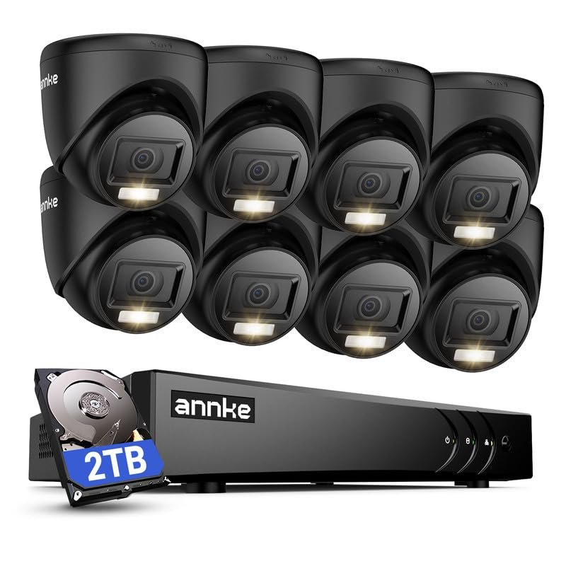 ANNKE 2MP Security Camera System, 16CH 3K Lite DVR Recorder with AI Motion Detection, 8X 1080P (19201080) Add-on Wired Turret Black Cams with Smart Dual Light, IP67, 3.6mm Lens, 2TB Hard Drive
