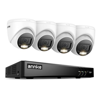 ANNKE 2MP Security Camera System, 8CH 4K DVR Recorder with AI Motion Detection, 4X 1080P (19201080) Add-on Wired Turret White Cams with Smart Dual Light, IP67, Compatible with Alexa, No Hard Drive