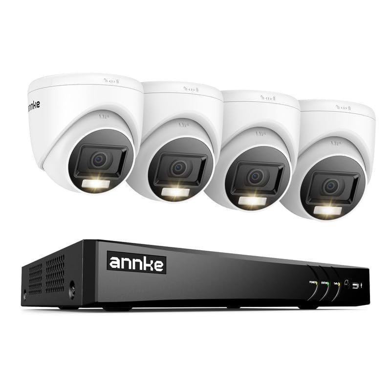 ANNKE 2MP Security Camera System, 8CH 4K DVR Recorder with AI Motion Detection, 4X 1080P (19201080) Add-on Wired Turret White Cams with Smart Dual Light, IP67, Compatible with Alexa, No Hard Drive