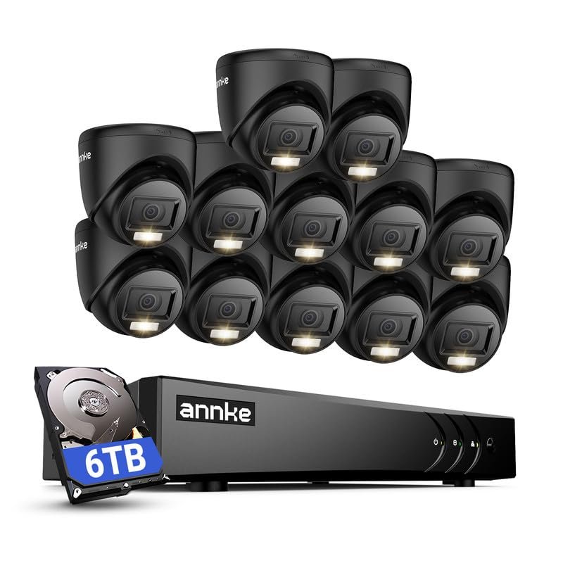 ANNKE 2MP Security Camera System, 16CH 3K Lite DVR Recorder with AI Motion Detection, 12x 1080P (19201080) Add-on Wired Turret Black Cams with Smart Dual Light, IP67, 3.6mm Lens, 6TB Hard Drive