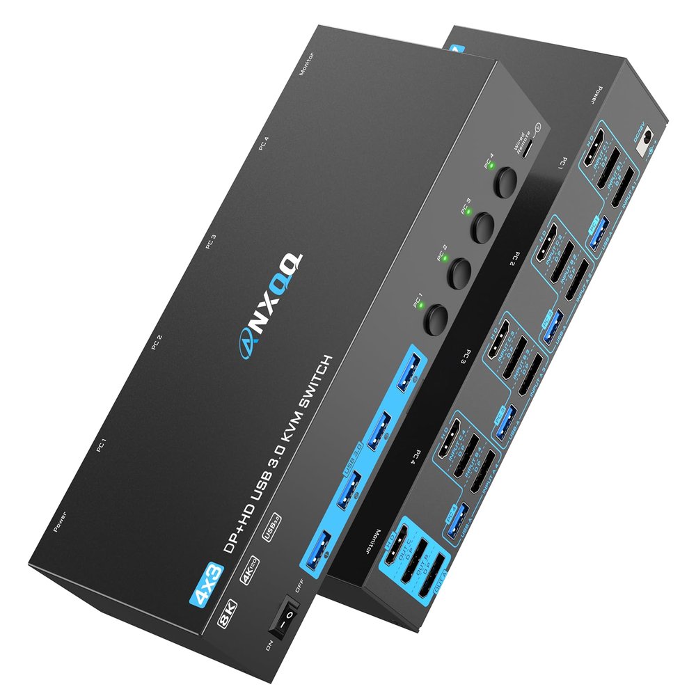 8K@60Hz/4K@144Hz KVM Switch 4 Computers 3 Monitors, ANXQQ HDMI KVM Switch Displayport Share 4 USB 3.0 Devices, Support Mirror/Extended Mode, with 4 USB Cables, Wired Remote and Power Adapter