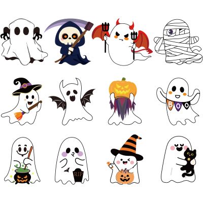 SerpizePaty 60pcs Cute Ghost Stickers with 12 Character Designs, 2 Inch Self-Adhesive Halloween Tags for Goodie Bags Cups Clothes, Boo Ghost Halloween Name Tag Stickers for Party Decorations