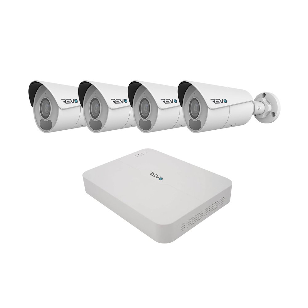 Revo Ultra Blue Series 4CH 4K POE H.265 NVR, 1TB & 4X 4K (8MP) Indoor/Outdoor IR Cameras with Built-in Mic Remote Access Via Pc, Mac & Phone (No Monthly Fee)