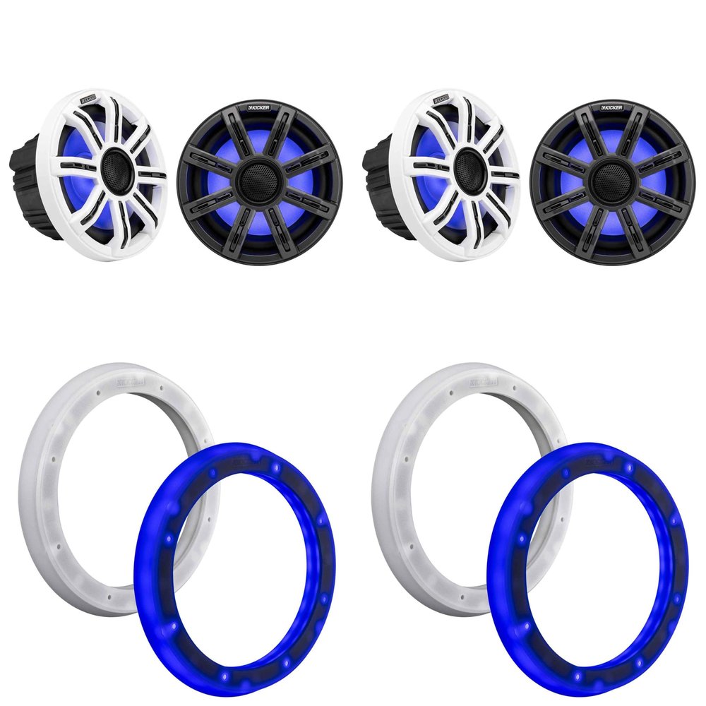 KICKER (2 Pair 51MSC84 8" LED Premium Marine Speakers & 51KLSR88-8.8-Inch to 8-Inch LED Adapter Rings Bundle