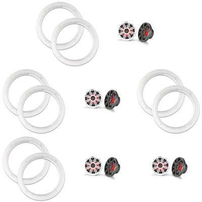 Kicker (4 Pair) 45KM654L LED 6.5 Marine Coax with Charcoal and White Grills with a Pair of 50KLSR65 6.5 Led Lighted Speaker Ring