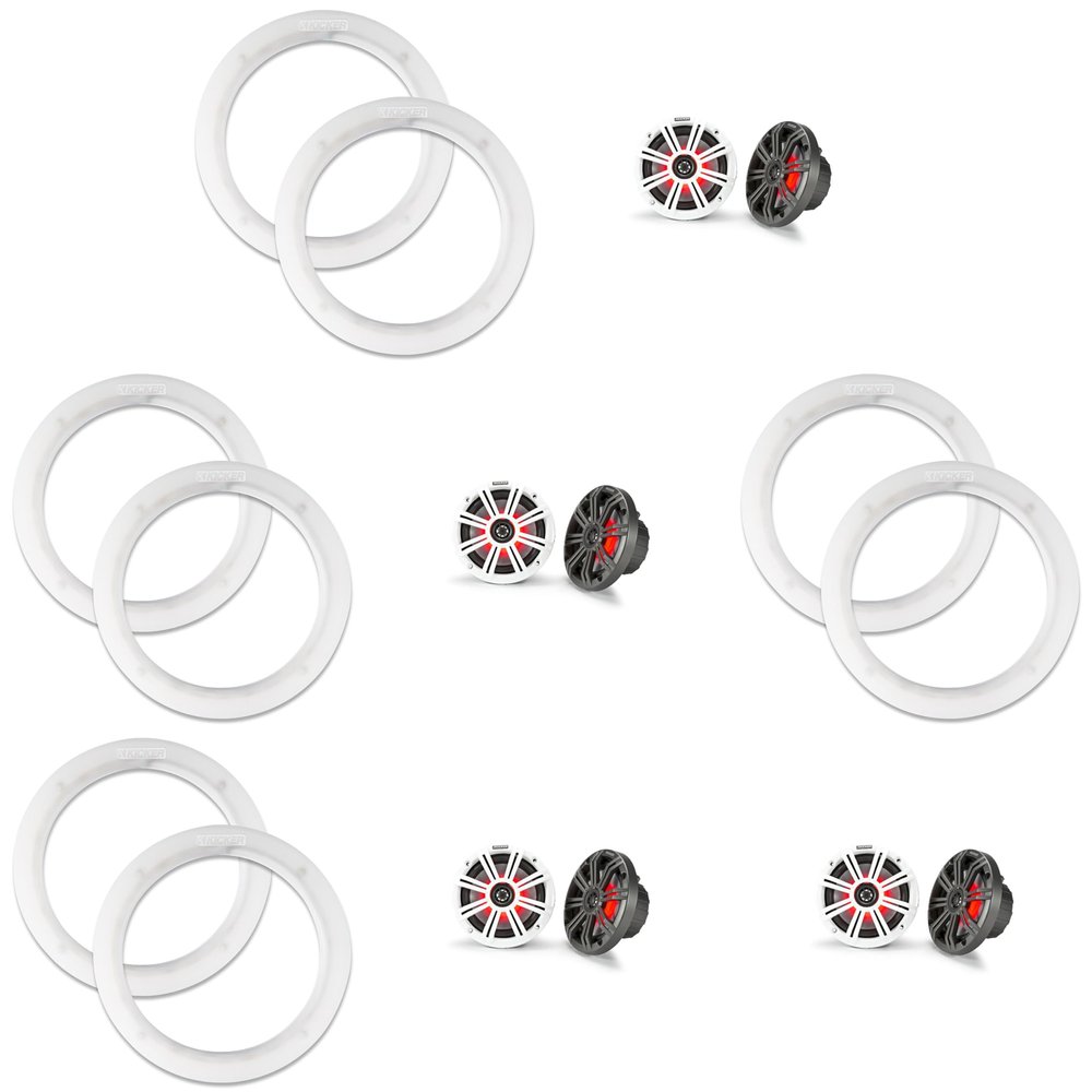 Kicker (4 Pair) 45KM654L LED 6.5 Marine Coax with Charcoal and White Grills with a Pair of 50KLSR65 6.5 Led Lighted Speaker Ring