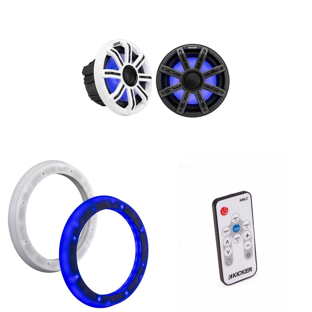 KICKER 51MSC84 8" LED Premium Marine Speakers & 51KLSR88-8.8-Inch to 8-Inch LED Adapter Rings & LED Remote Bundle