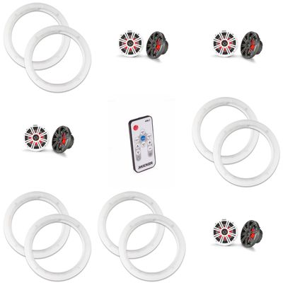 Kicker (4 Pair) 45KM654L LED 6.5 Marine Coax with Charcoal and White Grills with a Pair of 50KLSR65 6.5 Led Speaker Ring & LED Remote Bundle