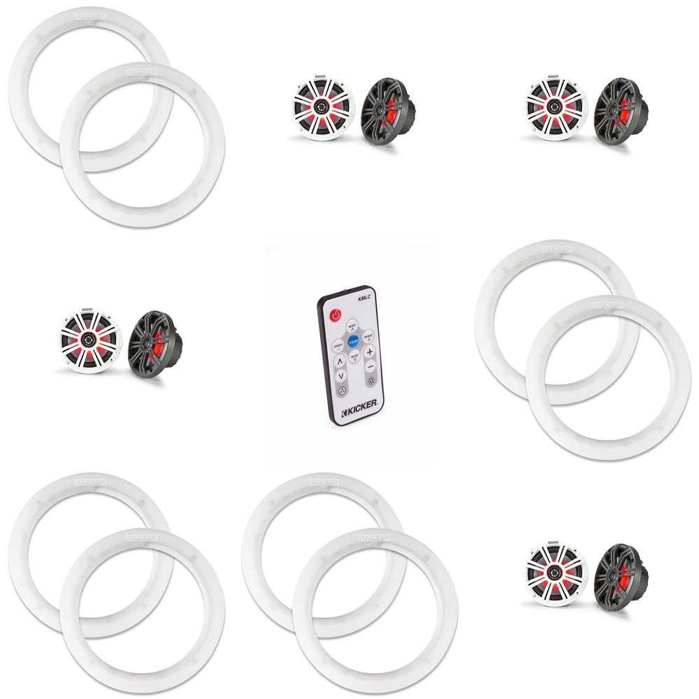 Kicker (4 Pair) 45KM654L LED 6.5 Marine Coax with Charcoal and White Grills with a Pair of 50KLSR65 6.5 Led Speaker Ring & LED Remote Bundle