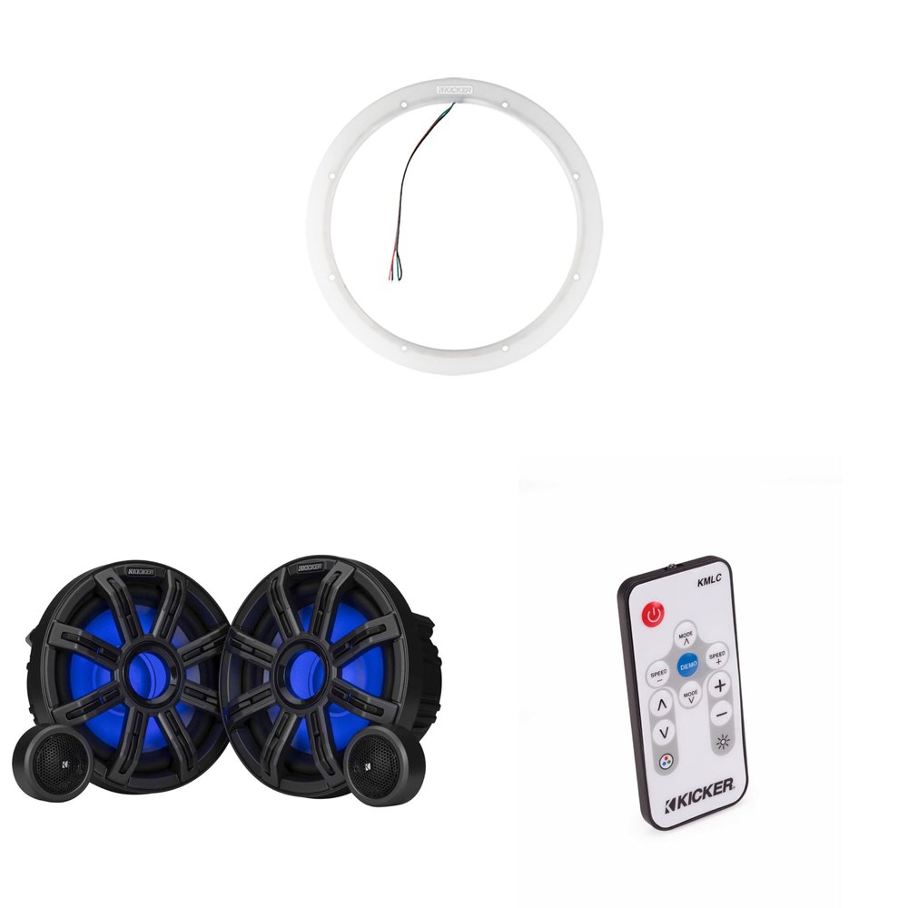 KICKER 51MSS84 8" Component LED Premium Marine Speakers & 47KLSR8 8-Inch LED Spacer Rings & LED Remote Bundle