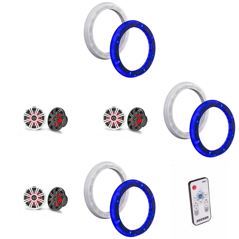 KICKER (3 Pair 45KM84L 8" LED Marine Speakers & 51KLSR88-8.8-Inch to 8-Inch LED Adapter Rings & LED Remote Bundle