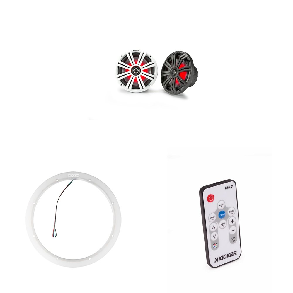 Kicker 45KM84L 8" LED Marine Speakers & 47KLSR8 8-Inch LED Spacer Rings & LED Remote Bundle