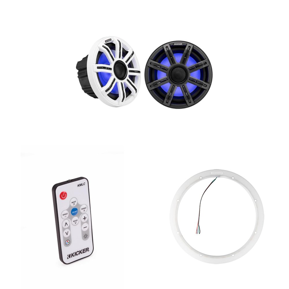 KICKER 51MSC8 8" LED Premium Marine Speakers & 47KLSR8 8-Inch LED Spacer Rings & LED Remote Bundle