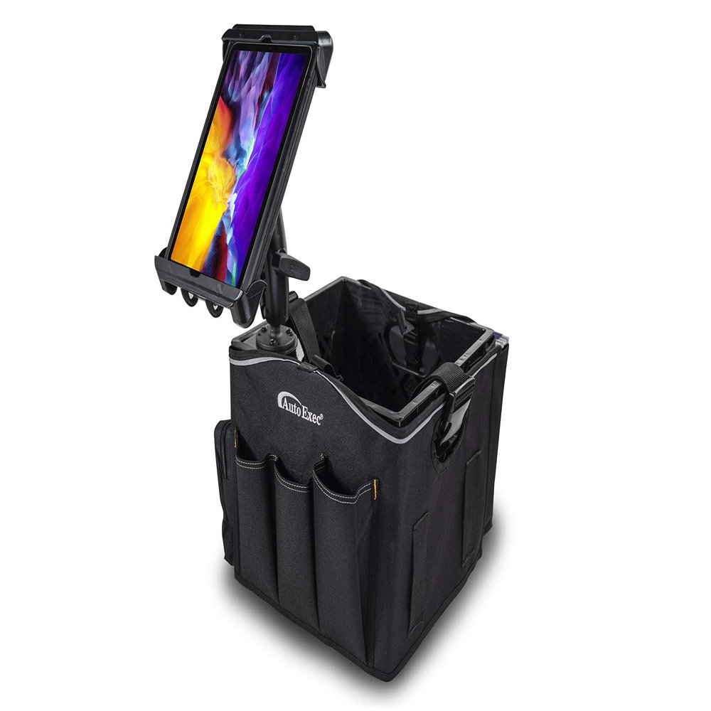 AutoExec Milkcrate Vehicle and Mobile Office Work Station with Apron Organizer, Tablet Mount and 400 watt Power Inverter