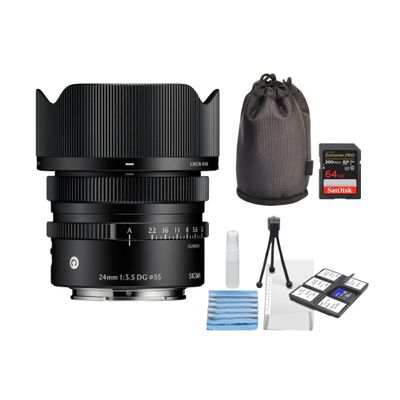 Sigma 24mm F3.5 DG Black Contemporary Lens for L Mount Bundle with Memory Card and Starter Kit for Cameras