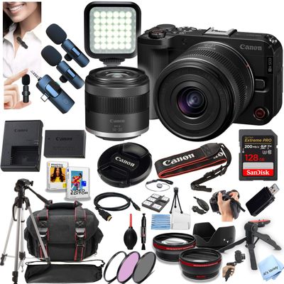 Canon EOS R50V Mirrorless Camera with 14-30mm Lens + 128GB Extreme Memory, Wireless Lavalier Microphones, Lenses, Filters, Case, Tripod, Flash, Software, and More (Content Creator Bundle) (Renewed)