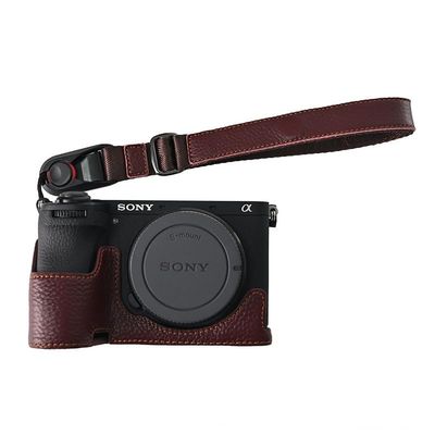 A6700 Case, BMAOLLONGB Handmade Litchi Genuine Real Leather Half Camera Case Bag Cover for Sony Alpha A6700 Bottom Opening Version + Hand Strap (Coffee)