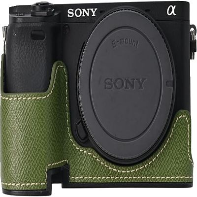 A6400 Case, BMAOLLONGB Handmade PU Leather Half Camera Case Bag Cover Bottom Opening Version for Sony Alpha A6400 with Hand Strap (Green)