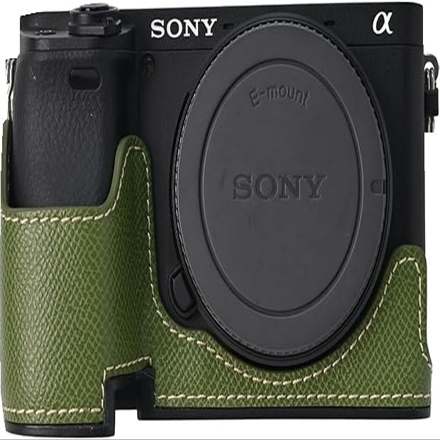 A6400 Case, BMAOLLONGB Handmade PU Leather Half Camera Case Bag Cover Bottom Opening Version for Sony Alpha A6400 with Hand Strap (Green)