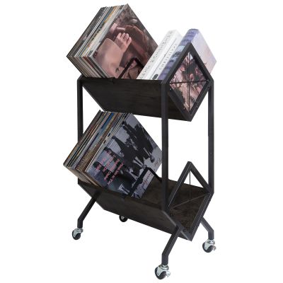 SwaaVee Vinyl Record Storage Holder with Wheels, 2-Tier Record Holder 160-200 LP with Dividers, Retro Style Quick Assembly Vinyl Record Display for Albums, Magazine, Book, Files (2 Tier- Black)