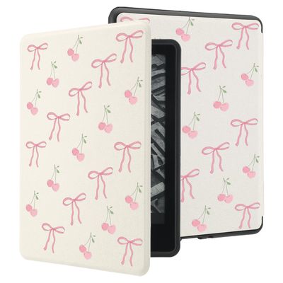 AdorableWhimsy Cute Cherry Bowknot Case Compatible with Kindle Paperwhite 12th Generation 7 Inch(KPW6)& Kindle Colorsoft Signature Edition with Hand Strap Auto Sleep/Wake Textured Leather Folio Cover