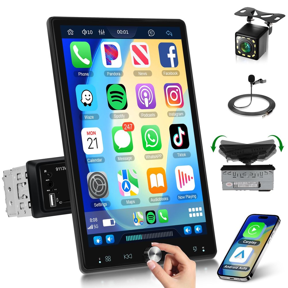 10.4 inch Single Din Car Stereo with Wireless Carplay Android Auto-2025 Upgraded 1080P IPS Detachable Touch Screen,5.2Bluetooth,12LED Backup Camera,FM Radio,USB/AUX,Mirror Link,SWC