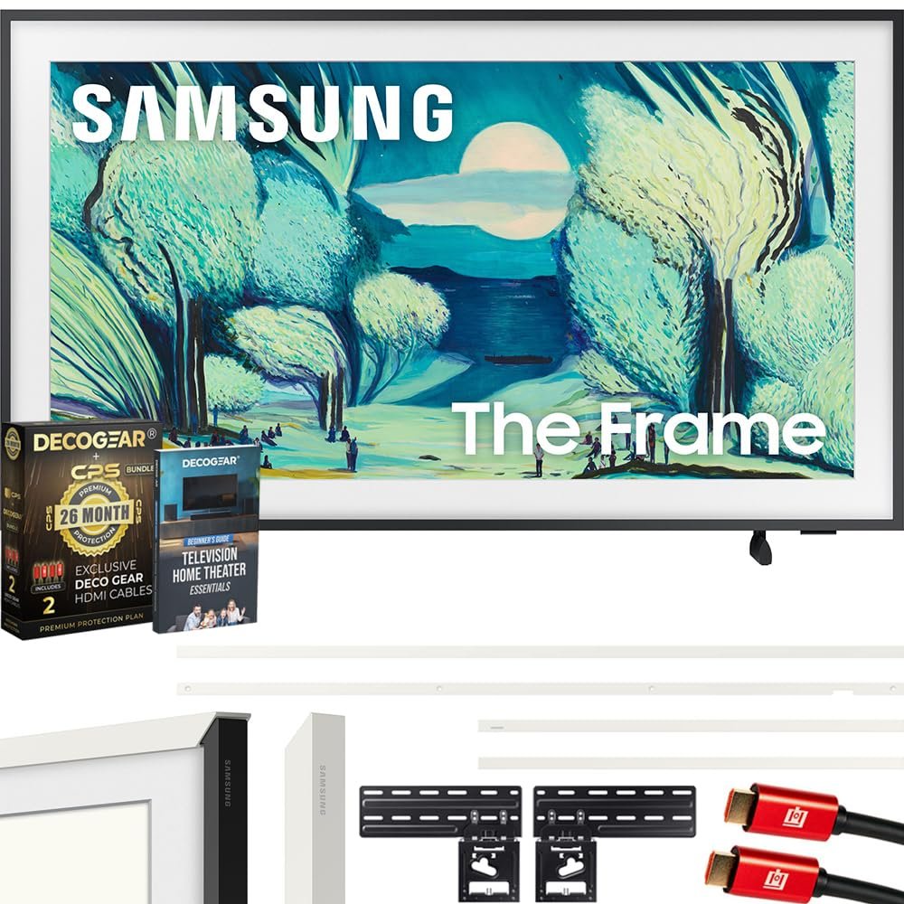 Samsung QN50LS03FA 50" The Frame QLED 4K AI TV (2025) Bundle with Modern White Bezel, CPS 26 Month Protection, Slim Flat Mount, 2X HDMI Cables & Deco Gear Complete Home Theater Beginner's Guidebook