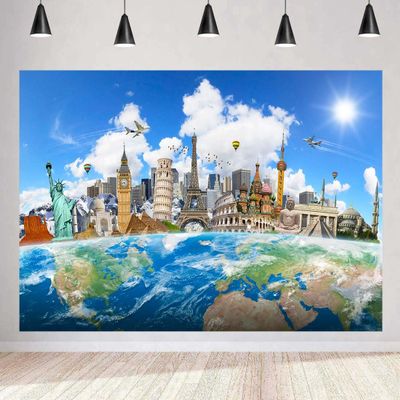 10X6.5FT Around The World Travel Backdrop Global Travel World Map Famous Landmark Buildings Photography Background Paris Eiffel Tower Holiday Themed Party Decoration YouTube Props ZH009 ZHTAOYH