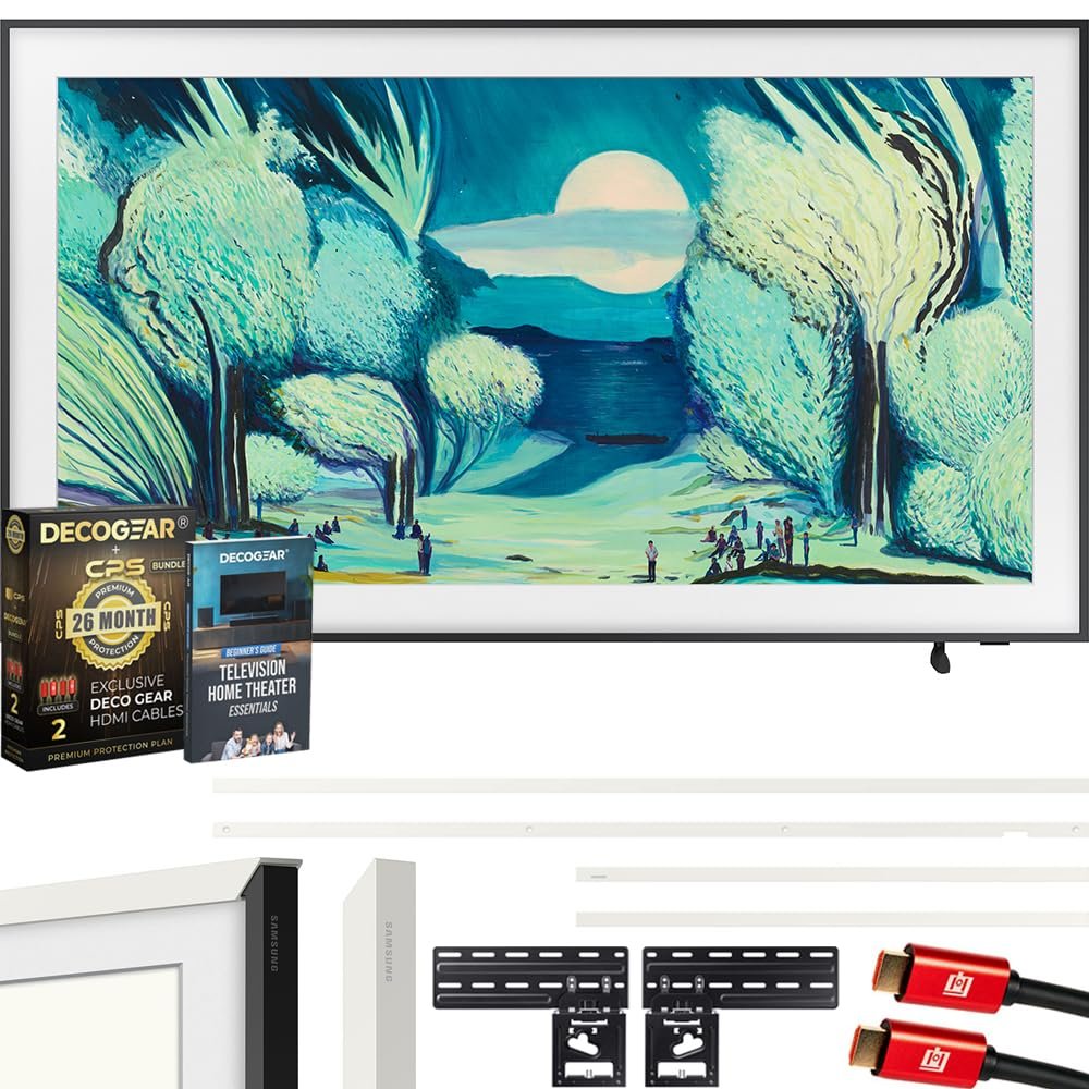 Samsung QN65LS03FA 65" The Frame QLED 4K AI TV (2025) Bundle with Modern White Bezel, CPS 26 Month Protection, Slim Flat Mount, 2X HDMI Cables & Deco Gear Complete Home Theater Beginner's Guidebook