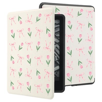AdorableWhimsy Bow Tulip Case Compatible with Kindle Paperwhite 12th Generation 7 Inch & for Kindle Colorsoft Signature Edition 2024 with Hand Strap Textured Leather Folio Cover Auto Sleep/Wake
