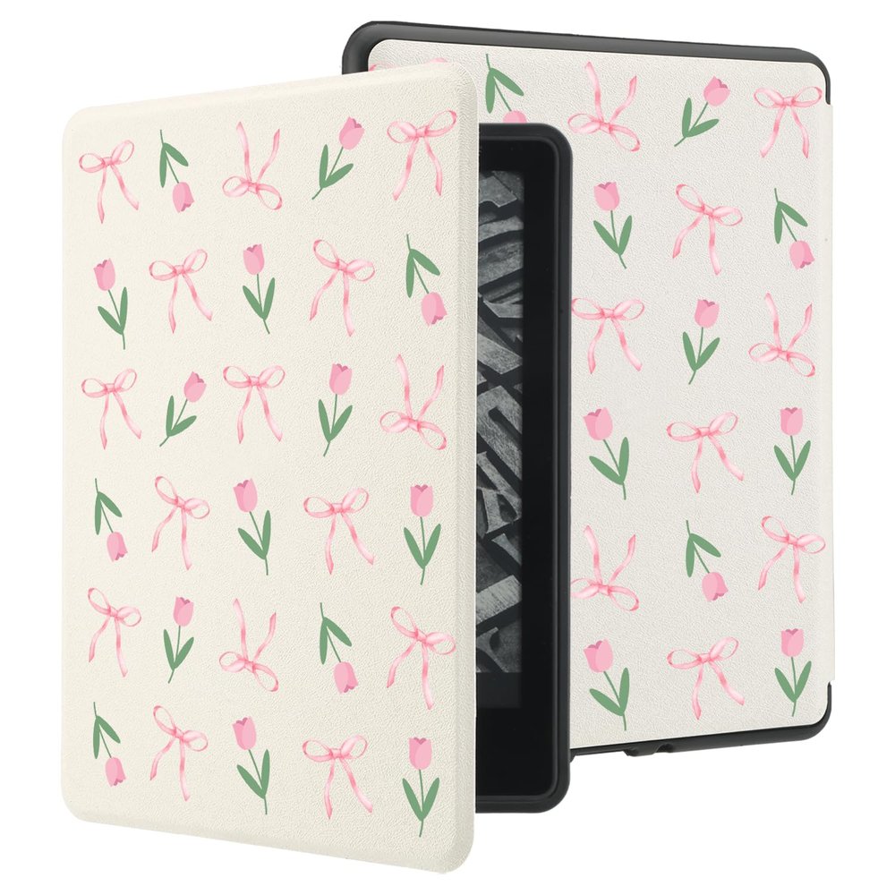 AdorableWhimsy Bow Tulip Case Compatible with Kindle Paperwhite 12th Generation 7 Inch & for Kindle Colorsoft Signature Edition 2024 with Hand Strap Textured Leather Folio Cover Auto Sleep/Wake