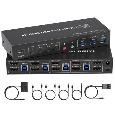 4K HDMI KVM Switch 2 Monitors 4 Computers, Dual Monitor and 2 HDMI USB 3.0 KVM Switches 4K@60Hz,Support Extended/Mirror Mode Share 3 USB 3.0 Ports with Desktop Controller, Adapter Included