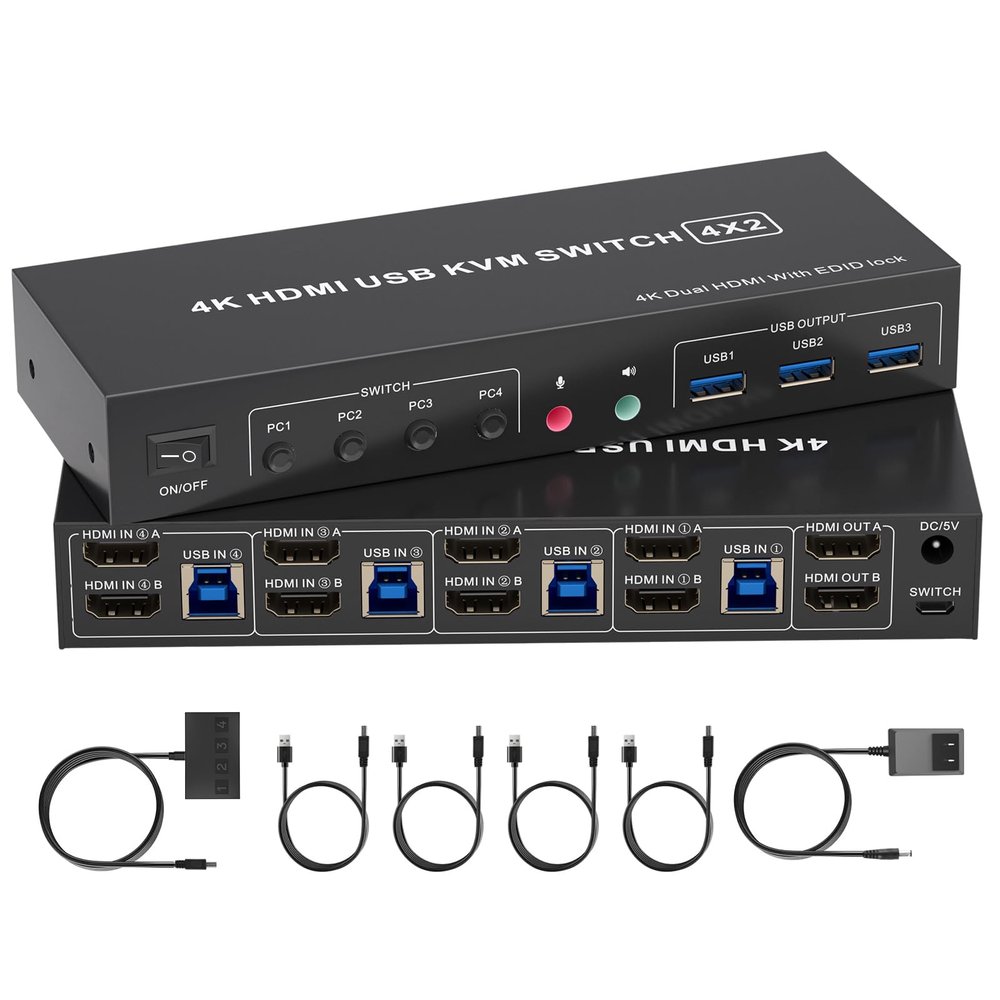 4K HDMI KVM Switch 2 Monitors 4 Computers, Dual Monitor and 2 HDMI USB 3.0 KVM Switches 4K@60Hz,Support Extended/Mirror Mode Share 3 USB 3.0 Ports with Desktop Controller, Adapter Included